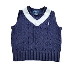 Polo Ralph Lauren Sweater Vest Size 4 Blue Cable Knit Cotton Preppy V Neck